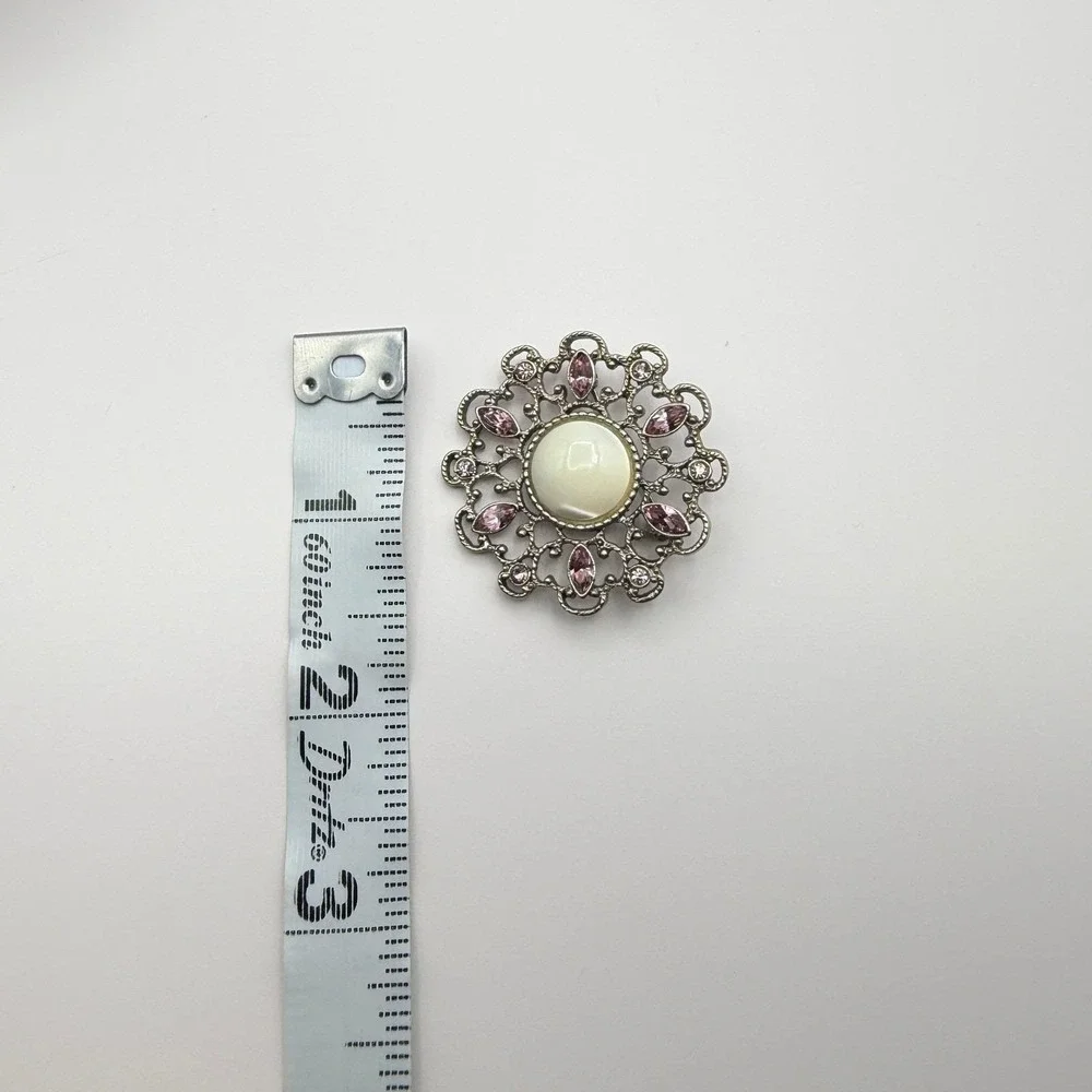 Vintage Mother Of Pearl‎ Rhinestone Glass Pink Ornate Filigree Brooch Pin Retro